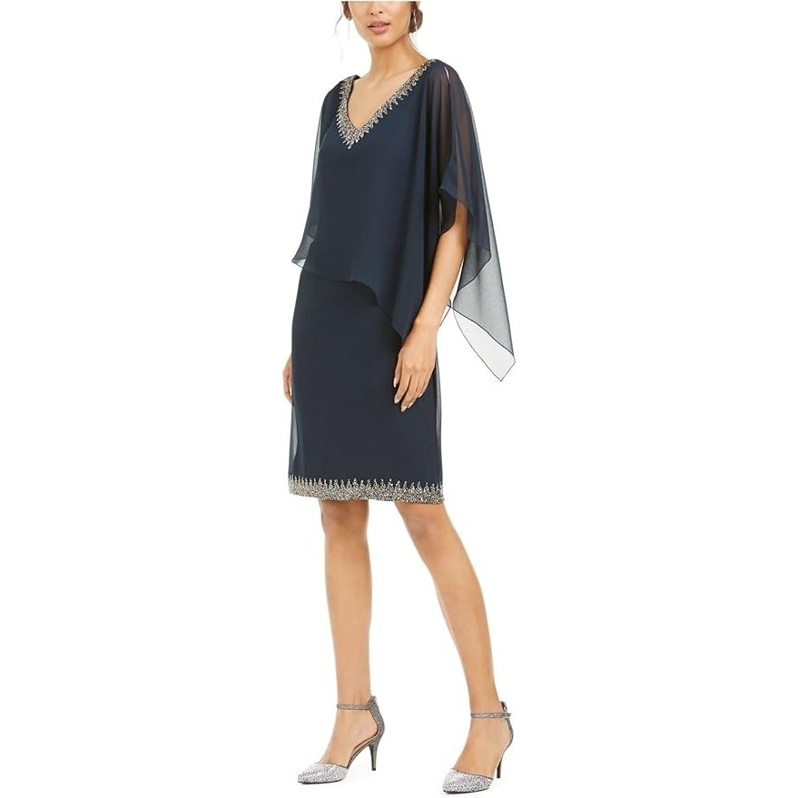 Nwt J Kara Navy Sheath Stretch Embellished Sheer Sleeveless V Neck Dress Size 10